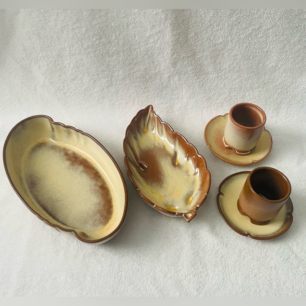 SOLD - Frankoma Vintage Pottery Set Of 6 Cream Brown Serving Dish Set Bowls